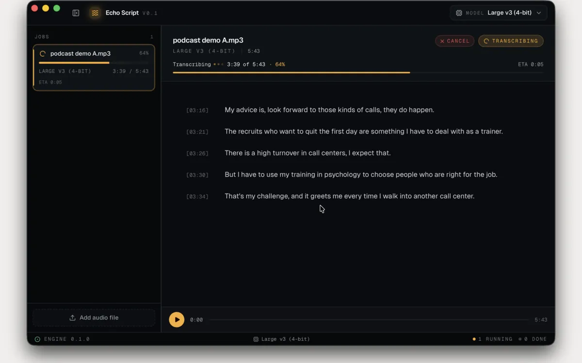 Echo Script transcribing an audio file, with timestamped transcript lines appearing beside a job list and progress bar.