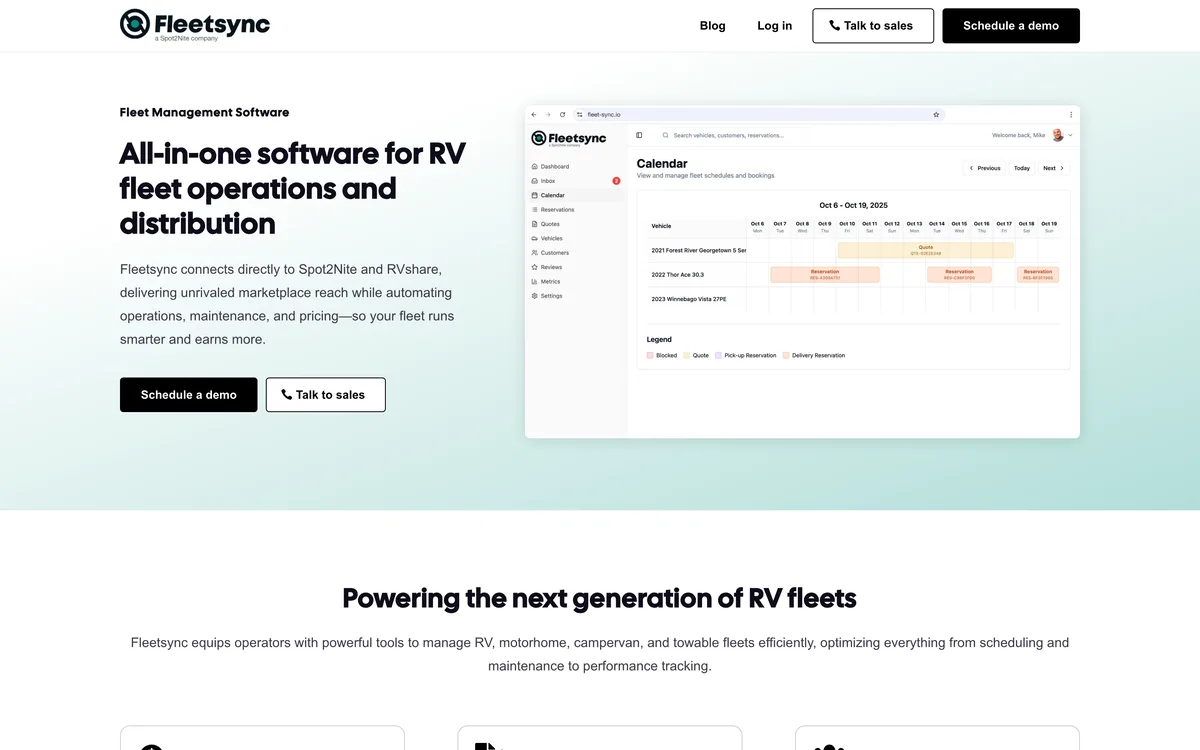Fleetsync marketing page showing the fleet operations dashboard with a reservation calendar.