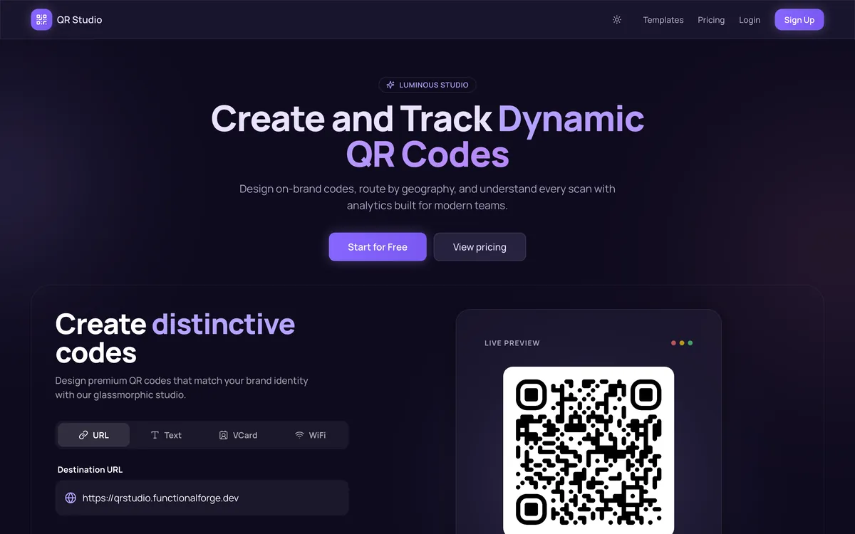 QR Studio landing page with a live preview panel rendering a generated dynamic QR code.