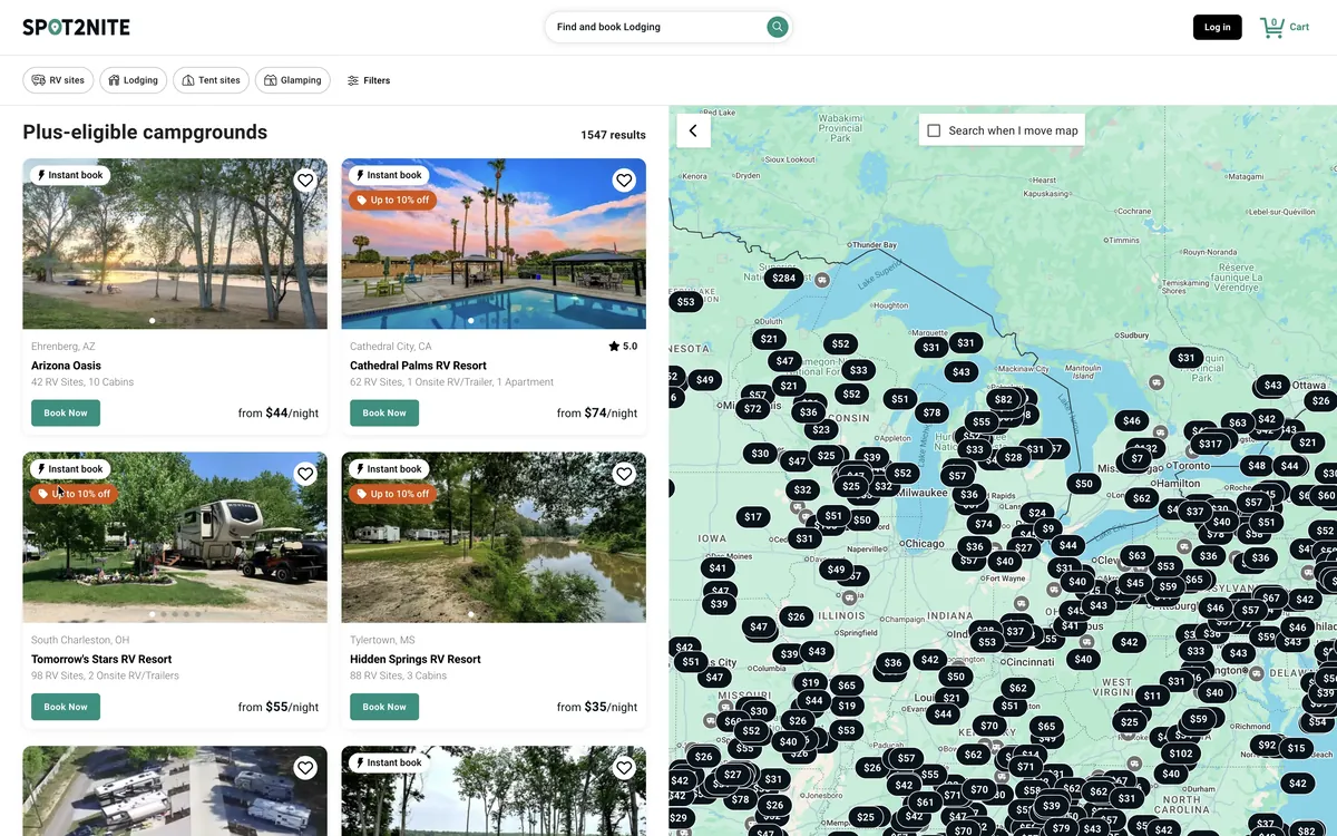 Spot2Nite search results: campground listings with photos and nightly prices beside a map of the United States dense with priced pins.